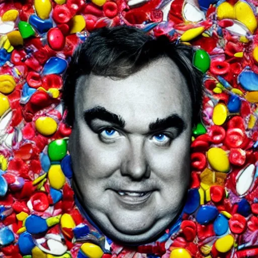 Image similar to a portrait of of john candy constructed from candy, collage, drop shadow, organic, layered composition, layers, texture, mcu, petals, highly textured, layered, sculpted, dynamic,