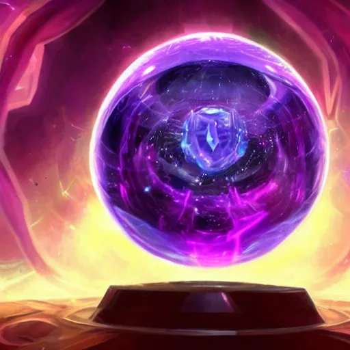 Prompt: league of legends, kai'sa looking into a crystal ball with a purple and pink galaxy inside, realistic