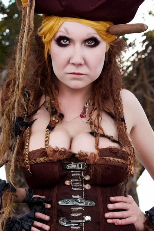 Image similar to close up of a buxom pirate wench wearing a short skirt, Halloween, cosplay, beautiful gazing eyes