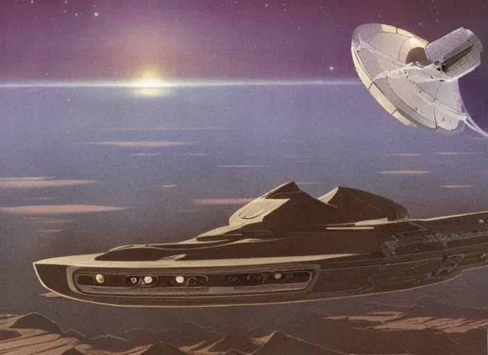 Prompt: a spaceship in a stunning landscape by chesley bonestell