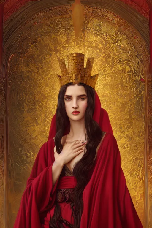 Image similar to Portrait of historically accurate, ancient biblical, sultry, sneering, evil, pagan, wicked, young queen jezebel, wearing gilded red robes, long black hair, intricate, elegant, highly detailed, digital painting, artstation, concept art, smooth, sharp focus, illustration, art by artgerm and greg rutkowski and alphonse mucha and andrei riabovitchev