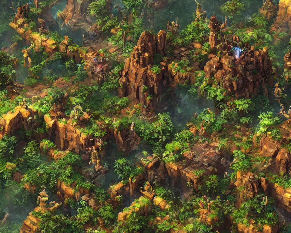 Image similar to craig mullins illustration of the beastlands, isometric, made with voxels, avatar ( 2 0 0 9 ), lush landscape, jungle landscape