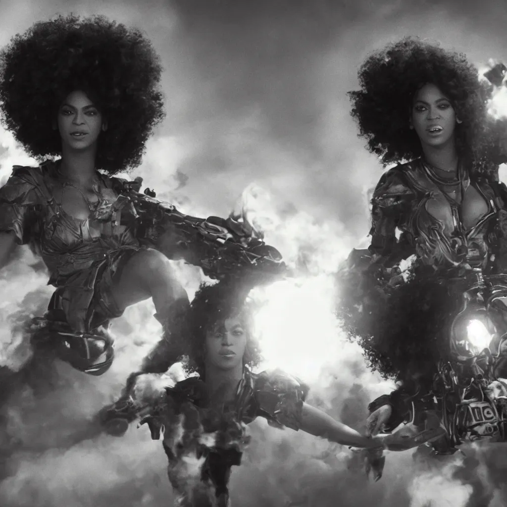 Image similar to beyonce with a afro hair style riding a hellfire missile, cinematic framing, cinematic lighting, hdr, gritty, movie still, 4k, 70s psychedelic style