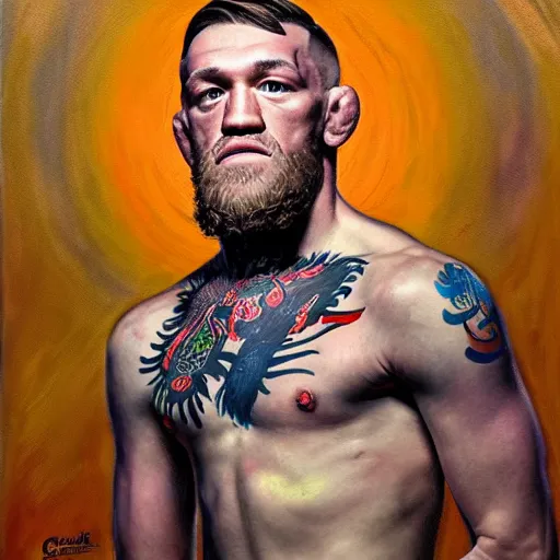 Image similar to religious portrait, conor mcgregor on the cross, oil on canvas, digital art