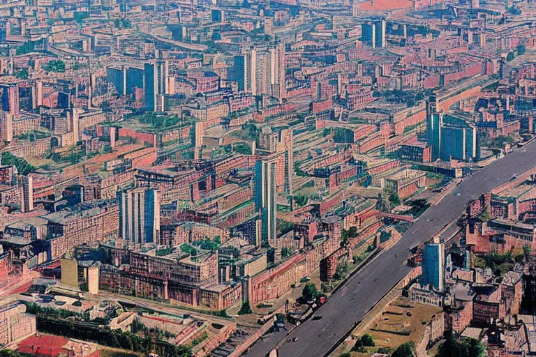 Prompt: bird's eye view photograph of a Soviet city, colorized