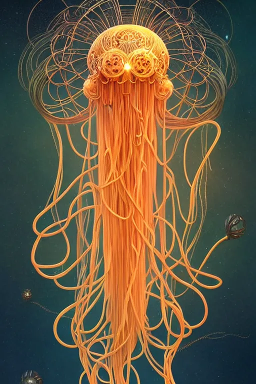 Prompt: beautiful spaghetti jellyfish warrior, ethereal art deco, fantasy, intricate art deco pasta designs, elegant, highly detailed fractals, sharp focus, art by artgerm and beeple and greg rutkowski and wlop