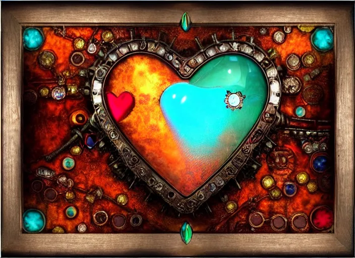 Prompt: steampunk shyny pearled centered symmetrical heart with multicolored gems, glass, ice. by casey baugh, by rembrandt, mandelbulb 3 d, turquoise rust, stained glass