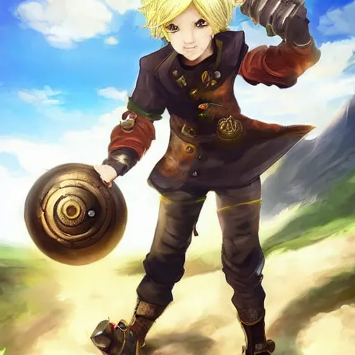 Image similar to A blonde boy wearing steampunk wristband that launches out a grapple using steam canisters, epic fantasy art style HD, SHINZOU WO SASAGEYO