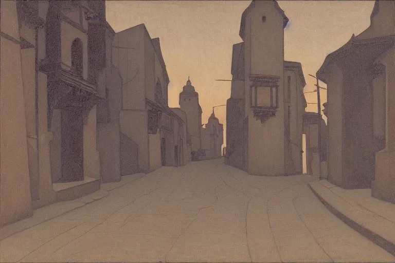 Image similar to winding street at twilight in a very old city by George Price Boyce and Nicholas Roerich and jean delville, glowing paper lanterns, strong dramatic cinematic lighting , ornate tiled architecture, lost civilizations, smooth, sharp focus, extremely detailed