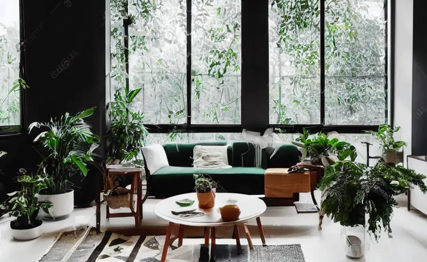 Image similar to interior of a bohemian living room, black and white, green potted plants, couch, diner table, cupboards, modernist, minimalism, big windows with a view of lush trees, feng shui, 8 k