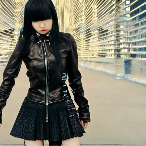 Image similar to a dynamic, epic cinematic 8K HD movie shot of a japanese beautiful cute young J-Pop idol actress yakuza rock star girl wearing leather jacket, miniskirt, nylon tights, high heels boots, gloves and jewelry. Motion, VFX, Inspirational arthouse, at Behance, with Instagram filters