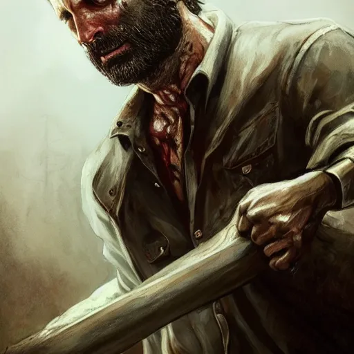 Prompt: rick grimes from the walking dead, zombie, full body shot, fantasy, medieval, vivid colors, elegant, concept art, sharp focus, beautiful face, digital art, Hyper-realistic, 4K, Unreal Engine, Highly Detailed, HD, Dramatic Lighting by Brom, trending on Artstation