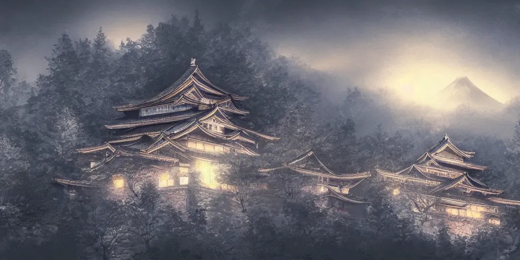 Prompt: a beautiful japanese castle on a mountain in a dark forest, highly detailed, volumetric lighting, digital painting