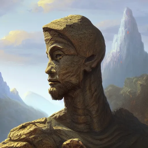 Prompt: highly detailed professional landscape painting of ancient monumental alien bust carved into the mountains trending on artstation, ultra detail, atmospheric lighting, sci - fi, futuristic, cyberpunk