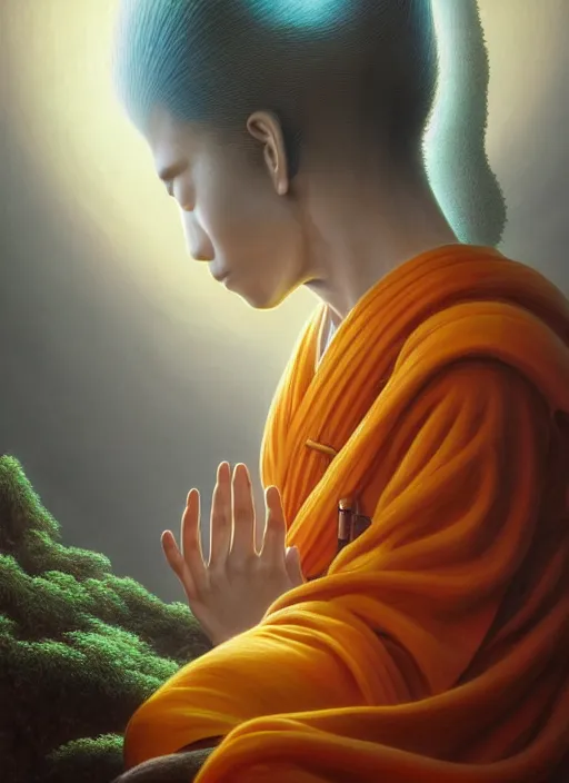 Prompt: a shinto monk meditating, in the style of tomasz alen kopera and fenghua zhong and peter mohrbacher, mystical colors, rim light, beautiful lighting, 8 k, stunning scene, raytracing, octane, trending on artstation