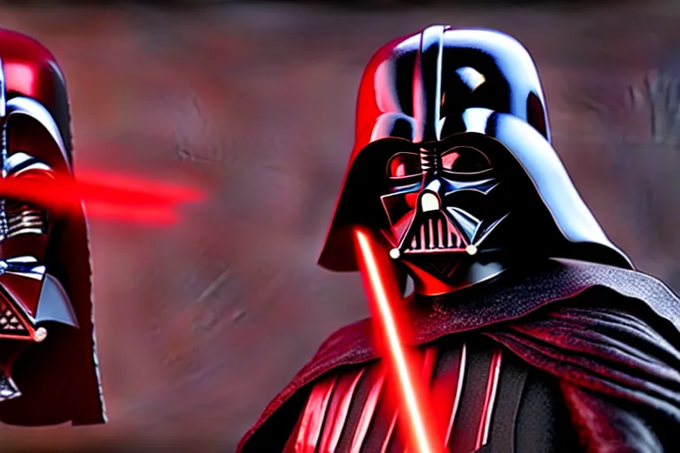 Image similar to darth vader as a battle - hardened samurai demon warlord with sinister kabuto and terrifying men - yoroi mask, with armor intricately engraved with glowing red ancient rune symbols, and adorned with demon skulls, by ayami kojima, unreal engine 5, octane render, 3 d