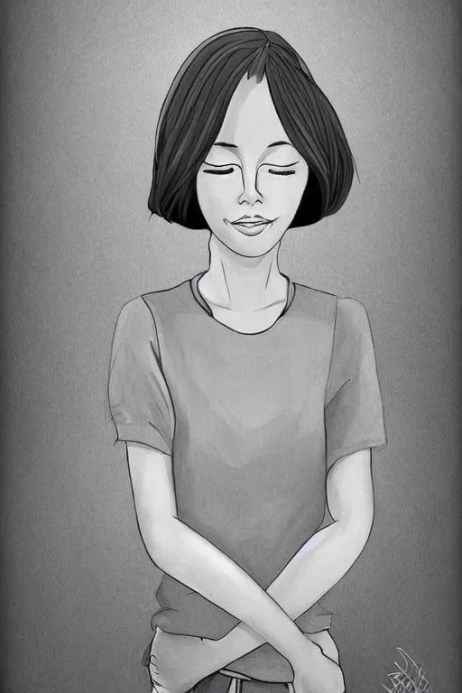 Prompt: portrait of a girl in long pants and a top, hands in pockets, eyes closed, bob haircut, digital art, black and white, lineart by bakartstudio 7