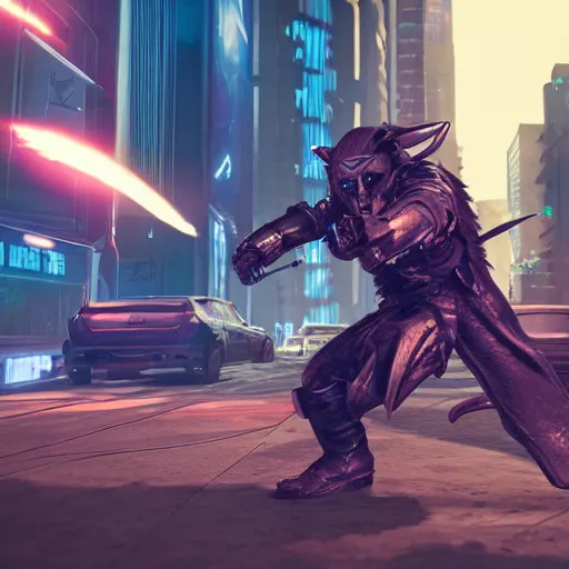 Image similar to cyberpunk wolfman holding a katana and jumping into action, tactical armor, action scene screenshot, unreal engine