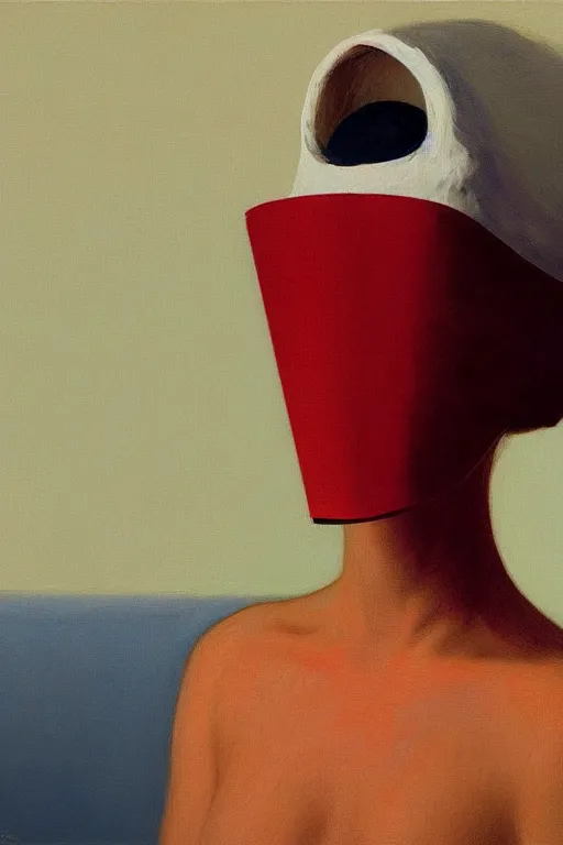 Image similar to Woman wearing oculus and toilet paper over his head, Edward Hopper and James Gilleard, Zdzislaw Beksisnski, highly detailed