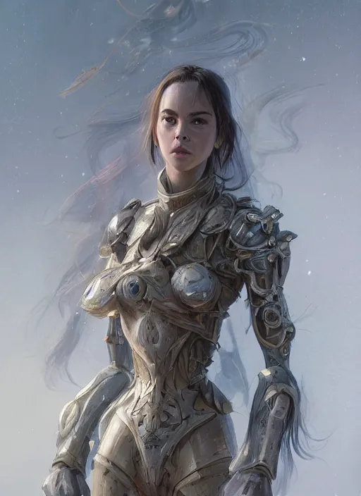 Image similar to a professional portrait of a beautiful young female, clothed in ethereal battle armor, olive skin, long dark hair, beautiful bone structure, symmetrical facial features, intricate, elegant, digital painting, concept art, smooth, sharp focus, finely detailed, illustration, from Valerian and the City of a Thousand Planets, in the style of Ruan Jia and Mandy Jurgens and Artgerm and Greg Rutkowski and William-Adolphe Bouguerea