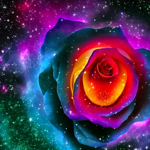 Prompt: award - winning macro of a beautiful rose made of stunning nebula and stars, on black background, highly detailed, trending on deviantart and artstation, nasa space photography