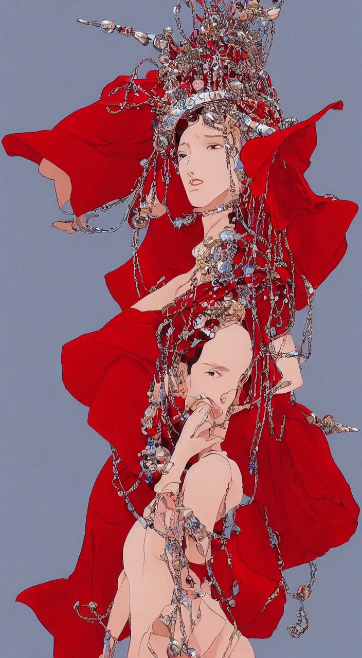 Image similar to a female character design wearing high fashion, beads hanging over her face like an alexander mcqueen headdress, haute couture, dior, and a red cape by kawase hasui, moebius, hd, 8 k, artstation, high quality, ultra detailed