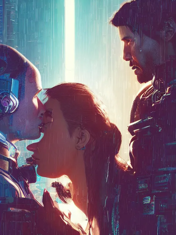 Image similar to a cyberpunk 2077 couple portrait of Keanu Reeves&female android in final kiss,love,film lighting,by Laurie Greasley,Lawrence Alma-Tadema,Dan Mumford,artstation,deviantart,FAN ART,full of color,Digital painting,face enhance,highly detailed,8K,octane,golden ratio,cinematic lighting