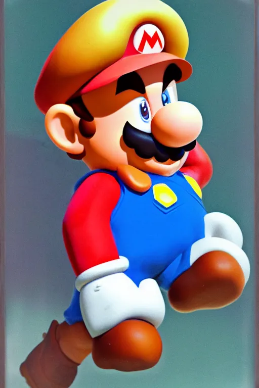 Prompt: 35mm photo of Mario from the video game Mario Bros., light leaks, kodachrome
