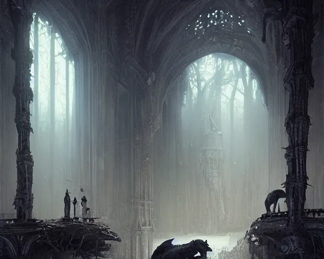 Image similar to fantasy, inside the king's hall wolves and their treasures, ethereal, ominous, misty, 8 k, by h. r. giger greg rutkowski