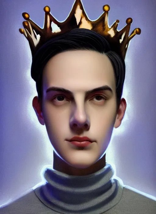 Image similar to portrait of teenage jughead jones wearing a light grey crown, crown, blue turtleneck, 1 9 5 0 s, closed eyes, photorealistic, black hair, glowing lighting, intricate, elegant, glowing lights, highly detailed, digital painting, artstation, concept art, smooth, sharp focus, illustration, art by wlop, mars ravelo and greg rutkowski