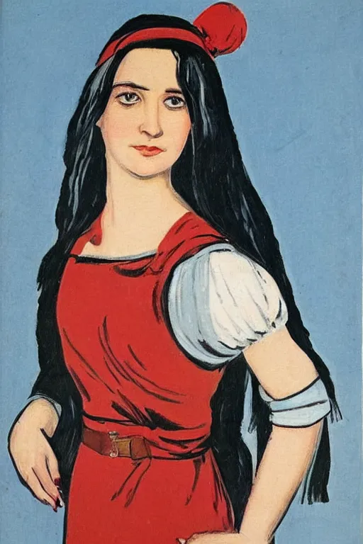 Prompt: young woman with long dark hair, serious look, peasant dress, soviet propaganda art