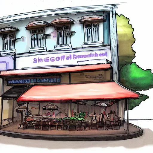 Image similar to concept art a singaporean neighborhood coffee shop