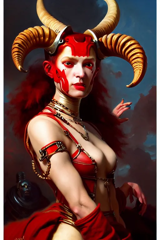 Image similar to painted close - up portrait of a very attractive red - skinned intimidating demon i robot girl with ram horns! oil painting, wearing a noblewoman's outfit, fantasy art by john singer sargent and gaston bussiere and james jean and greg rutkowski, demon noble character design, hd