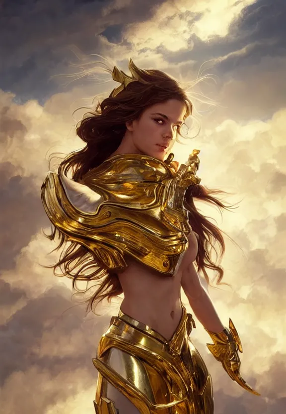 Prompt: A beautiful fierce photogenic angel wearing metallic battle armor, posing among heavenly sunlit clouds, close-up shot, elegant, digital painting, golden hour, cinematic, trending on artstation, concept art, smooth, sharp focus, illustration, art by artgerm and Greg Rutkowski and Alphonse Mucha