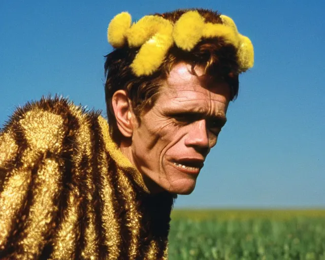 Image similar to William Dafoe in the bee costume on the sunny meadow with clear sky, film still, high detail