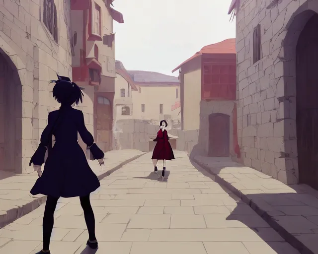 Image similar to anime still frame of a young female walking through a medieval village, dynamic pose, dynamic perspective, detailed silhouette, cel shaded, minimalist, simple, ilya kuvshinov face style