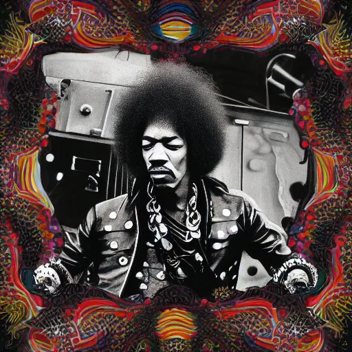 Image similar to jimi hendrix, album cover style, hyper detailed, 3 d, octane render