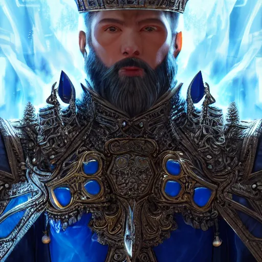 Prompt: concept art, full body portrait of king sorcerers, ornate, blue and silver, armor, robes, hyperrealistic, 4 k, unreal engine, highly detailed, dramatic lighting, beautiful