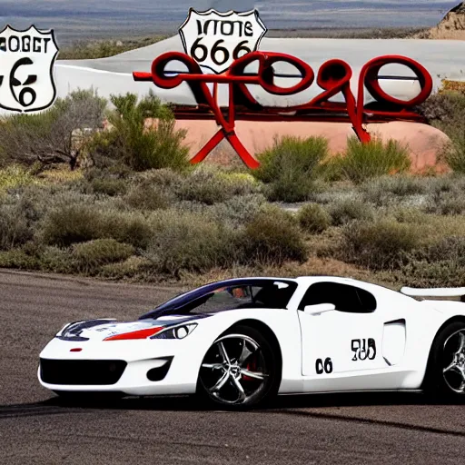 Image similar to a sports car driving fast on Route 66,