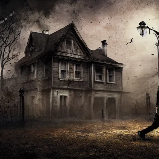 Image similar to a man walks through a haunted house, dark, creepy, detailed, digital art