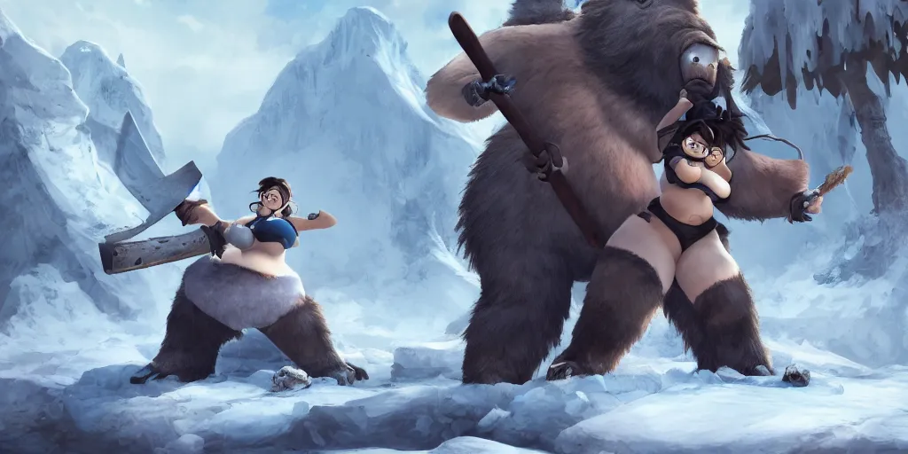 Image similar to matte painting of mei from overwatch holding an axe and fighting with mammoths in ice age, trending on artstation