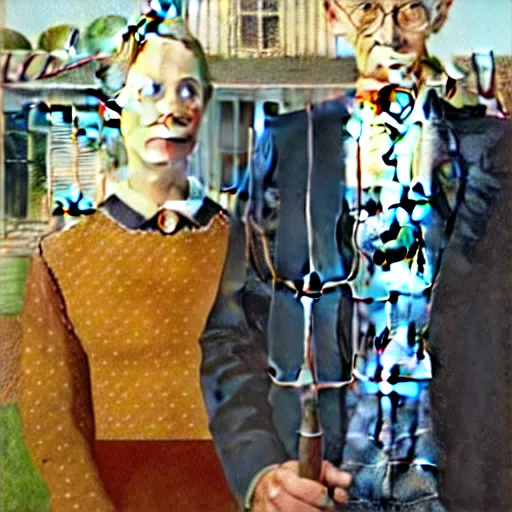 Image similar to american gothic replaced with horses, by grant wood