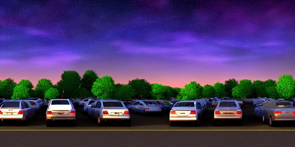 Image similar to a drive in movie theater with row of parked cars, detailed, volumetric lighting, starry night, dusk