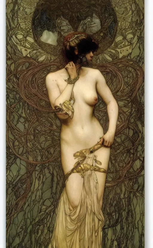 Prompt: dark sensual cryptid woman, beautiful face, dark fantasy art, sharp claws, by alma tadema, by mucha