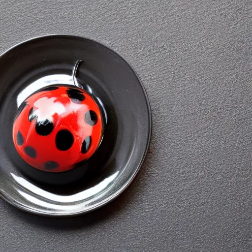 Image similar to canon 8 0 d with 1 0 0 mm macro lens ladybug on dark glossy ceramic plate 4 k