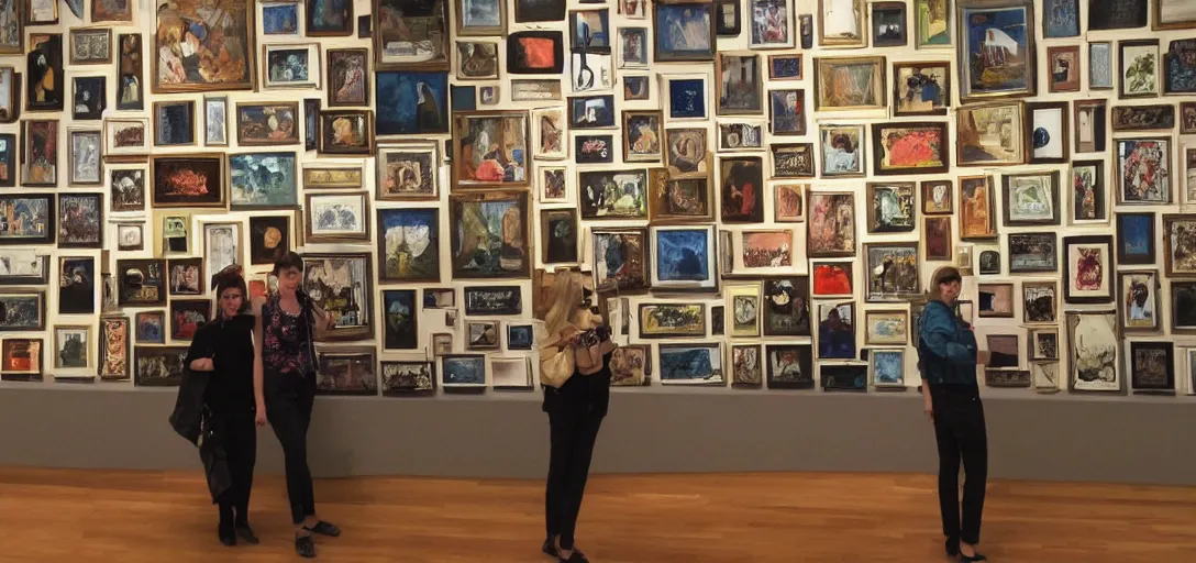 Prompt: Photo with 100 paintings in a museum