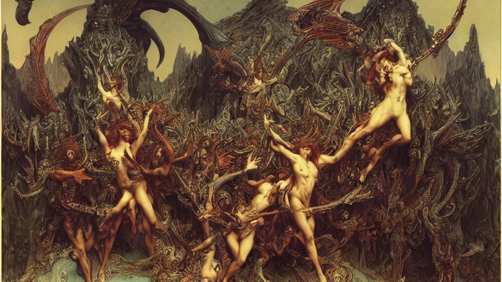 Image similar to satans fall from paradise into hell by gustave dore, james ryman, wayne barlowe, alphone mucha. beautiful color