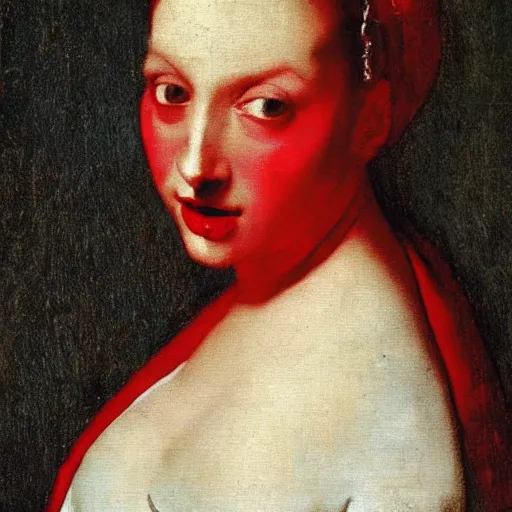 Prompt: sublime portrait of a woman in a red dress, pale, red lipstick, graceful, imposing, idealistic, by Vermeer, Van Dyck, Jean Auguste Dominique Ingres, smooth, sharp focus