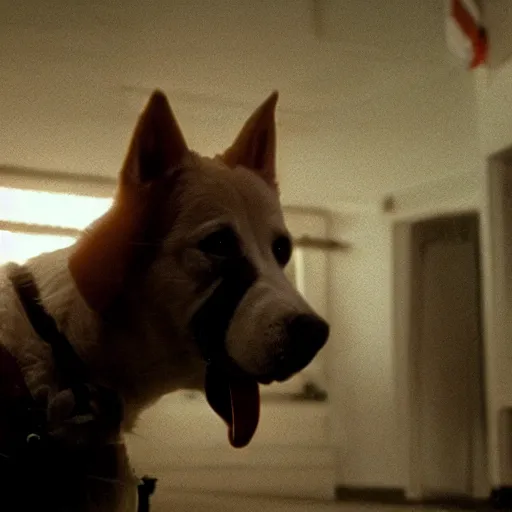 Prompt: movie still of white swiss shepperd dog cyborg, cinematic composition, cinematic light, criterion collection, by edgar wright