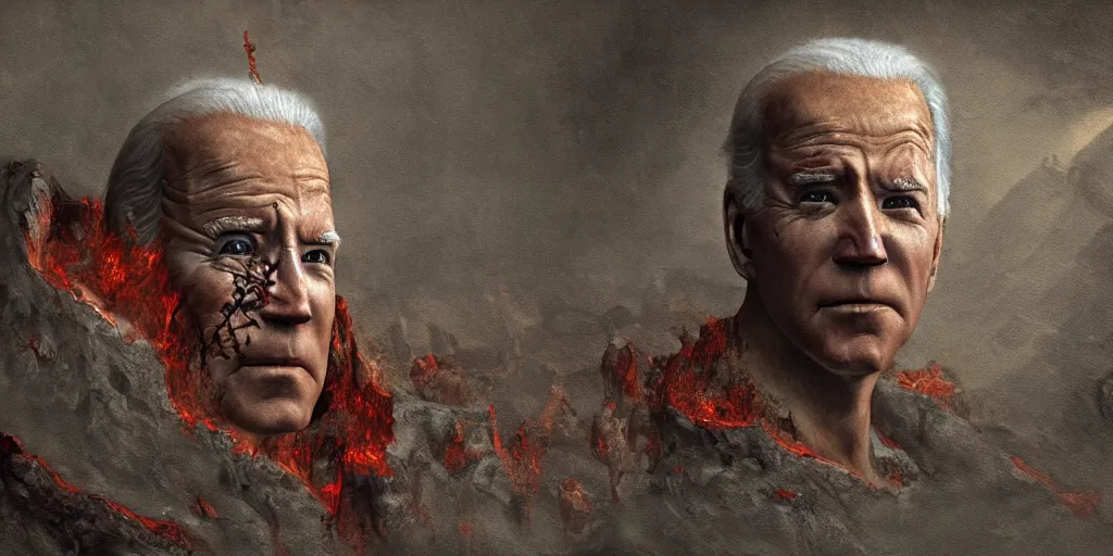 Image similar to biden in dante's inferno painting, dark beauty, rotten gold, perfect faces, extremely detailed, cinema 4 d, unreal engine.